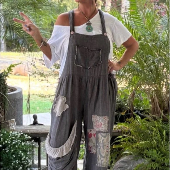 Gray Patchwork Overalls - Picture 1 of 3